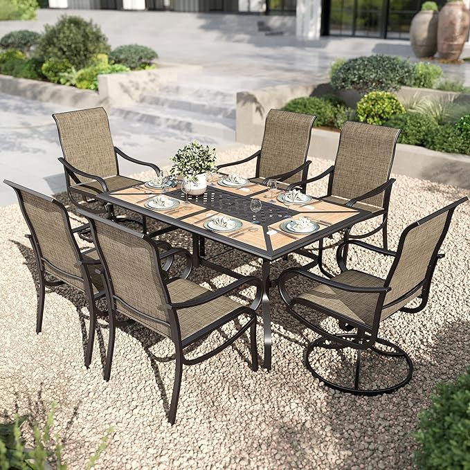 PHI VILLA 7 Piece Outdoor Table and Chairs Set, 2 Swivel & 4 Fixed Patio Chairs and PVC Wooden-Like Table with Umbrella Holes, All Weather Patio Furniture Set for Deck Garden Yard