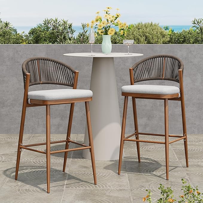Christopher Knight Home Hearth 30.25" Patio Barstools Set of 2, Woven Wicker Counter Stool, Aluminum Frame Barstool, PE Rattan Scallop-Shape Backrest Woodlike Stool for Backyard Balcony Garden, Teak