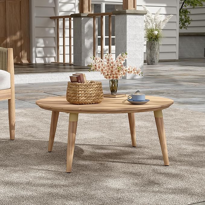 Christopher Knight Home Lalina Outdoor Coffee Table, Acacia Wood Accent Table with Slatted Panel Design, Round Patio Table for Garden Porch Balcony, Low Maintenance Outdoor Furniture, Natural