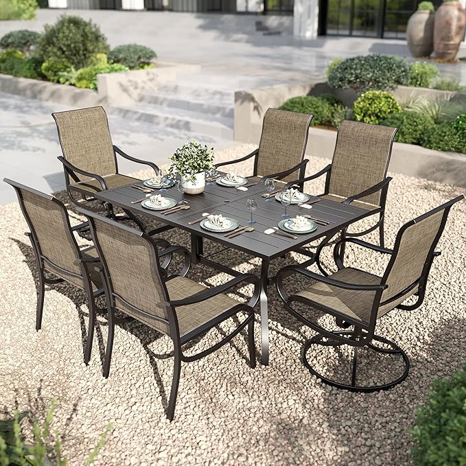 PHI VILLA Patio Dining Set for 6 Person, Rectangle Metal Table with Umbrella Holes and 2 Swivel & 4 Fixed Chairs All Weather Outdoor Table and Chairs for Deck Garden Yard