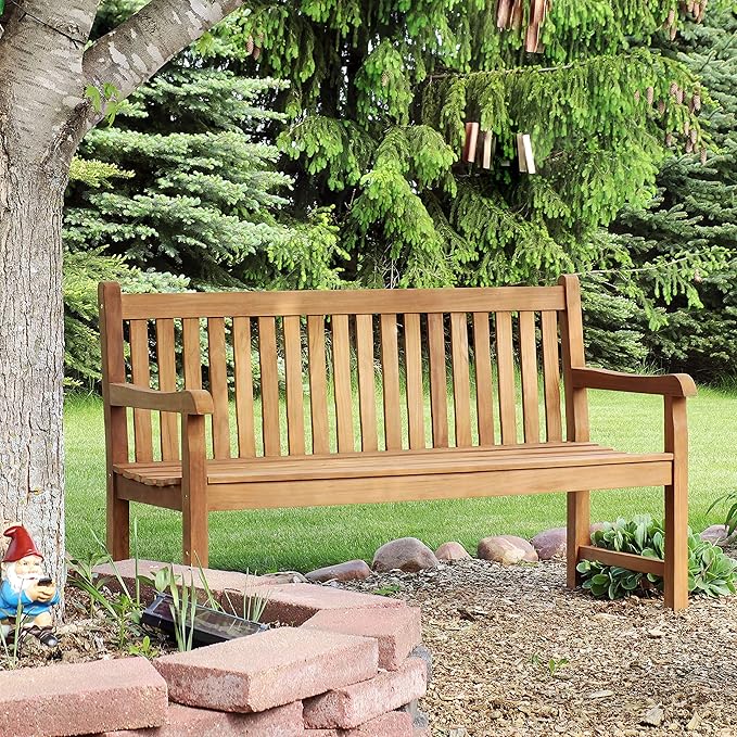 Sunnydaze 2-Person Outdoor Bench for Front Porch or Park - Wooden Teak Patio Garden Bench with Backrest - 675 lb Weight Capacity - Mission