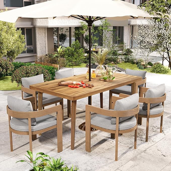 Christopher Knight Home Elko Acacia Wood Outdoor Dining Set for 6, Wooden 7 Piece Patio Dining Table Set, Outdoor Metal Dining Chair and Table Set with Cushion, Patio Furniture Set, Teak+Light Gray