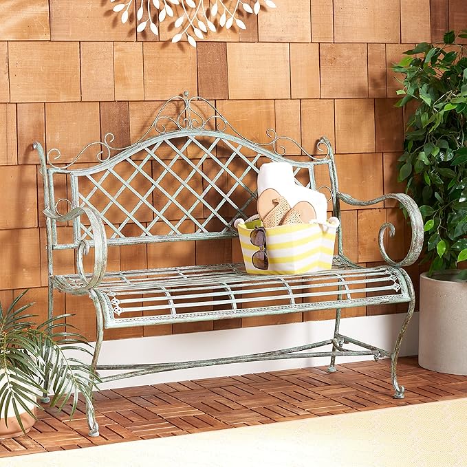 SAFAVIEH Outdoor Collection Abner Victorian Antique Dark Green Wrought Iron 46-inch Wide Garden Bench