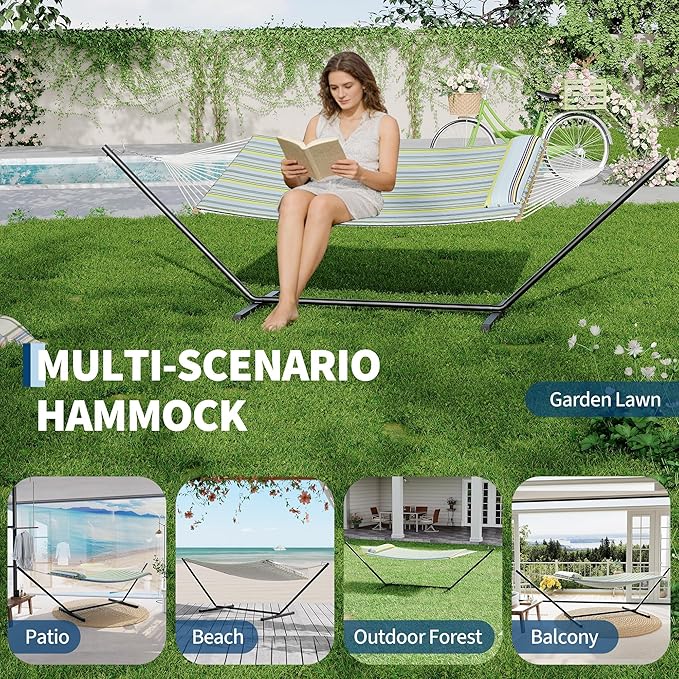 Double Hammock with Heavy-Duty Steel Stand, 2 Person Portable Hammock, 450LBS Max Weight Capacity, Easy Assembly, Ideal for Indoor, Backyard, Camping & Outdoor Use