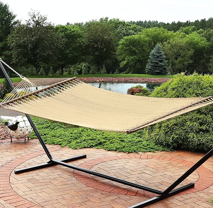 Sunnydaze Soft-Spun Polyester Rope Double Hammock for Outside - 600-Pound Weight Capacity Extra Large Hammock - Tan