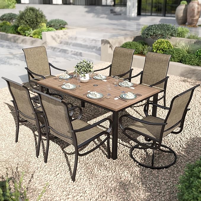 PHI VILLA Outdoor Dining Set for 6 Person, Wooden Texture Metal Table with Umbrella Holes and 2 Swivel & 4 Fixed Chairs All Weather Patio Table and Chairs for Deck Garden Yard