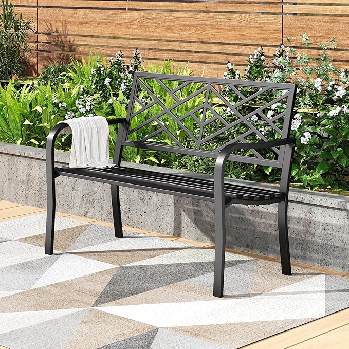 PHI VILLA 43 Inch Cast Iron Steel Frame Outdoor Garden Bench, Patio Furniture Chair Bench w/Line Pattern Design Backrest, Slatted Seat for Park, Yard, Porch - Black