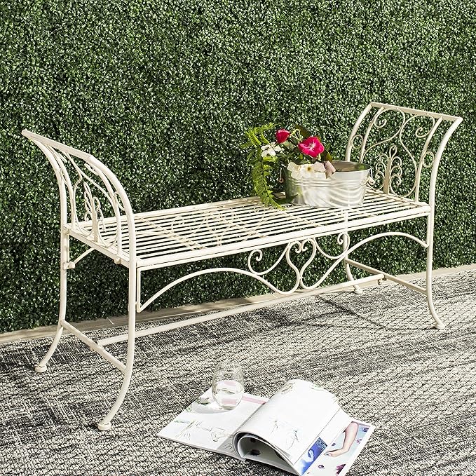 Safavieh PAT5016A Collection Arona Antique White Wrought Iron 51" Outdoor Garden Bench