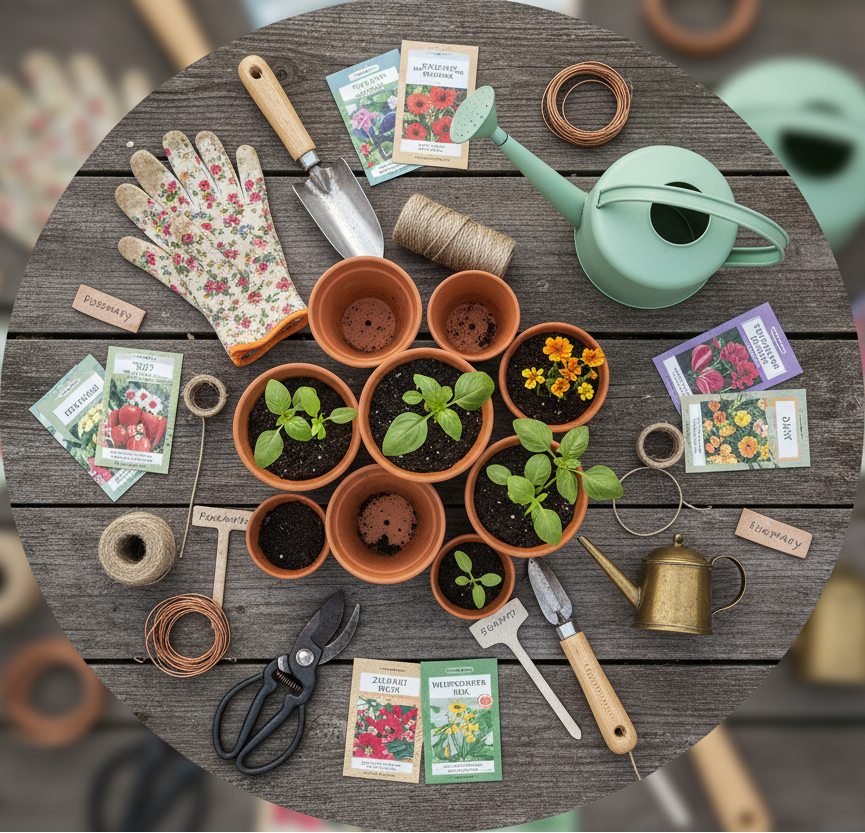 circle photo of garden supplies, make a real photo
